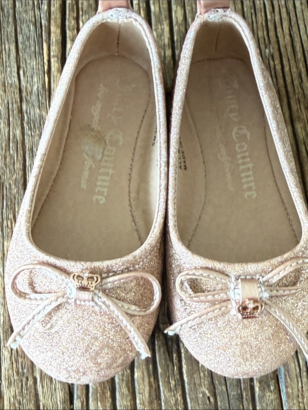 Juicy Couture Pink Rose Gold Glitter Ballet Flats with Bow Accent